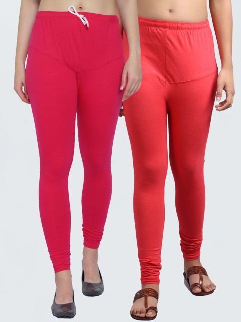 

GRACIT Women Pack Of 2 Pink & Orange Solid Churidar-Length Leggings
