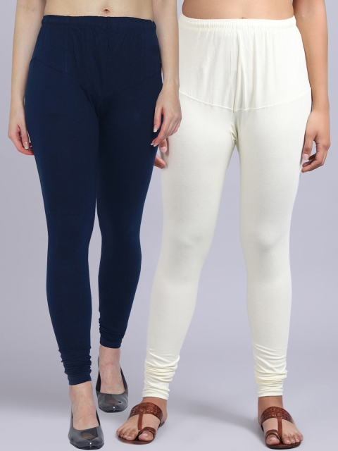 

GRACIT Women Pack Of 2 Navy Blue and Off white Solid Churidar Leggings