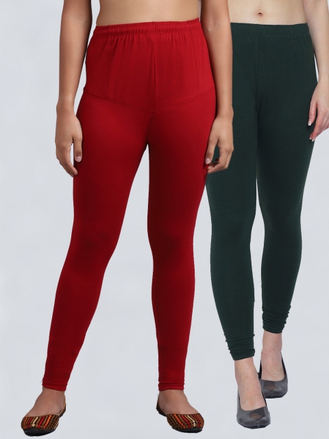 

GRACIT Women Pack Of 2 Green & Maroon Solid Churidar Length Leggings