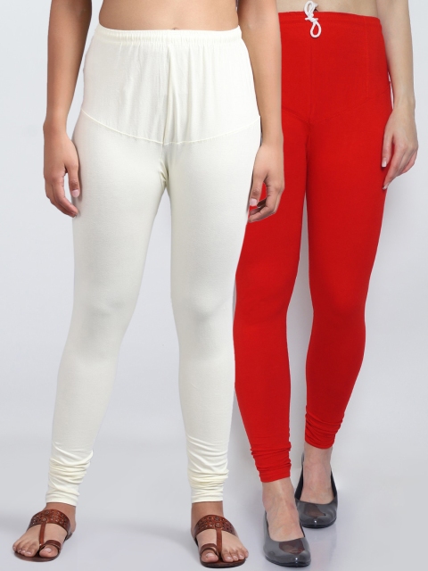 

GRACIT Women Pack Of 2 Red & Off-White Solid Churidar Length Leggings