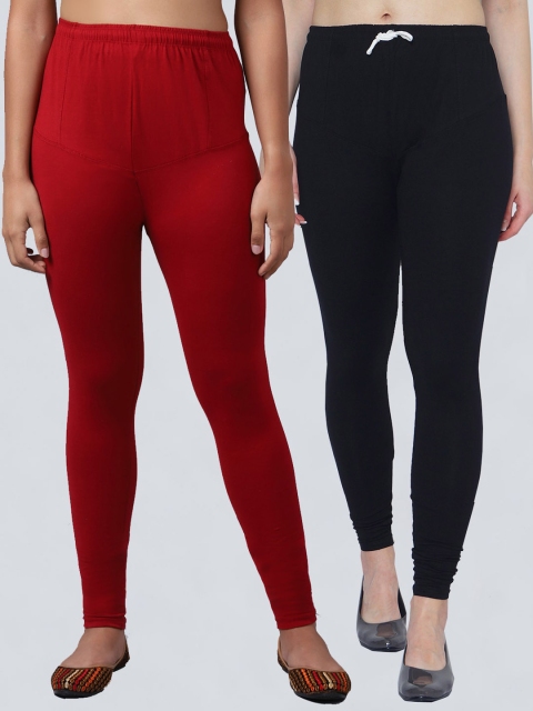 

GRACIT Women Pack Of 2 Black & Maroon Solid Leggings
