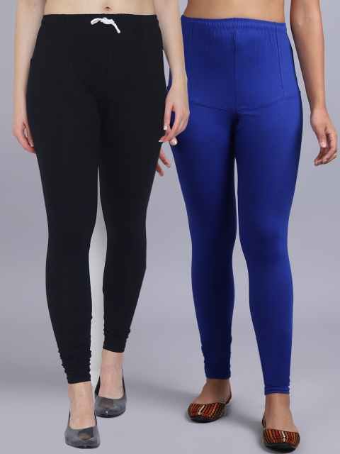 

GRACIT Women Pack Of 2 Black & Blue Solid Churidar-Length Leggings