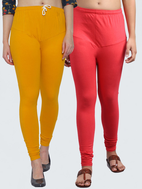 

GRACIT Women Yellow & Peach Pack Of 2 Solid Churidar-Length Leggings