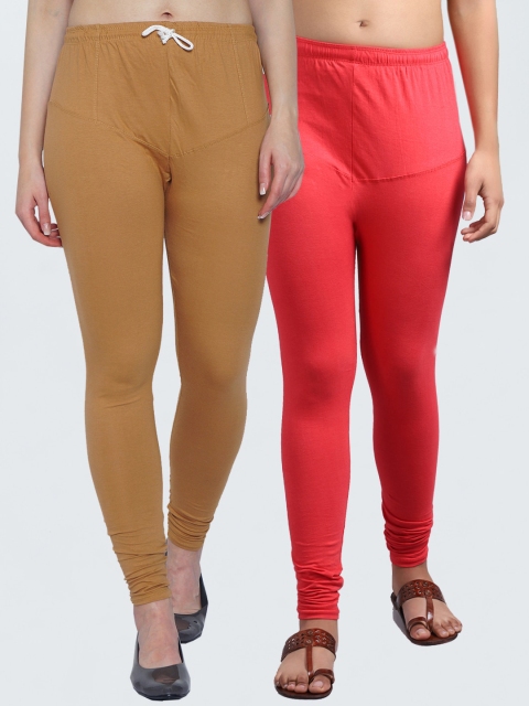 

GRACIT Women Pack Of 2 Solid Churidar-Length Leggings, Orange