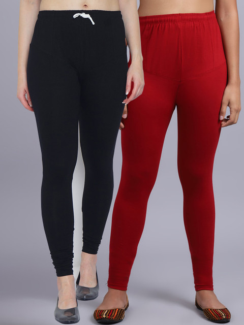 

GRACIT Women Pack Of 2 Black & Maroon Solid Churidar Leggings