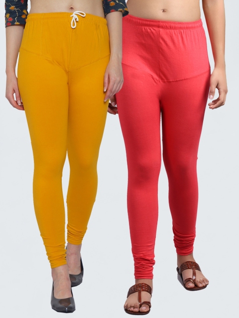 

GRACIT Women Pack Of 2 Yellow & Peach Solid Churidar Leggings