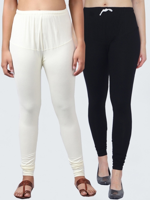 

GRACIT Women Pack Of 2 Black & Off-White Solid Churidar Length Leggings