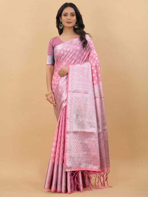 

PRASTHAN Pink & Silver-Toned Woven Design Zari Silk Cotton Banarasi Saree