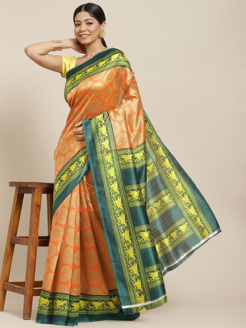 

Ishin Orange & Green Ethnic Motifs Art Silk Bhagalpuri Saree