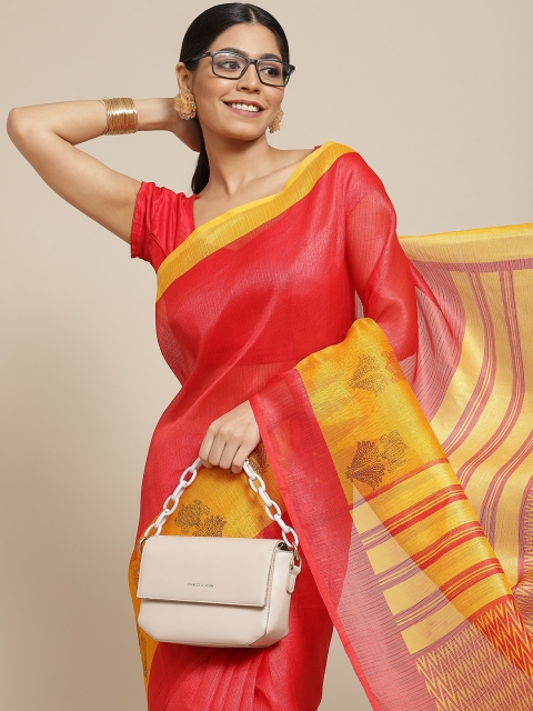

Ishin Red & Yellow Ethnic Motifs Poly Silk Saree