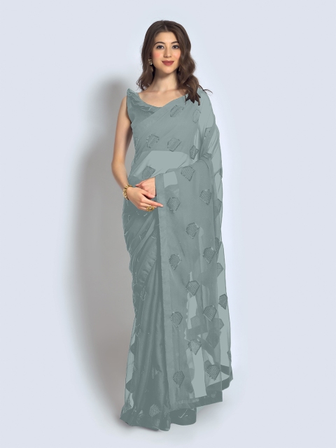 

elora Grey Women Sequinned Pure Georgette Bhagalpuri Saree