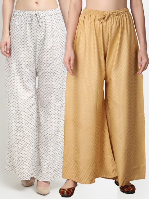 

GRACIT Women White & Beige 2 Floral Rayon Printed Flared Knitted Ethnic Palazzos