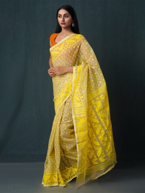 

Unnati Silks Cream-Coloured & Yellow Woven Design Pure Cotton Jamdani Saree