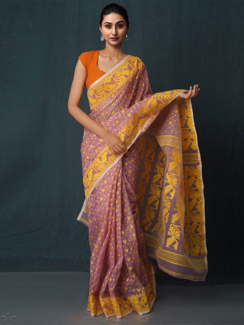 

Unnati Silks Pink & Yellow Woven Design Zari Pure Cotton Jamdani Saree