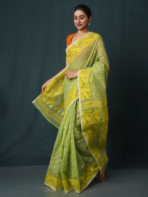 

Unnati Silks Green & Yellow Woven Design Pure Cotton Jamdani Saree