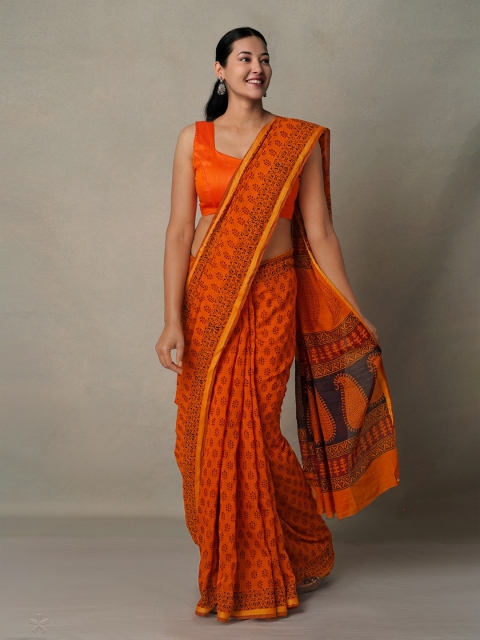 

Unnati Silks Rust & Black Bagh Zari Chanderi Saree
