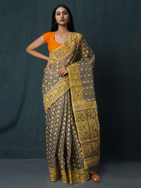 

Unnati Silks Grey & Yellow Ethnic Motifs Pure Cotton Jamdani Saree