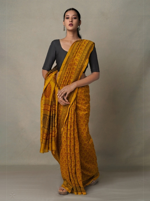 

Unnati Silks Green & Orange Bagh Zari Pure Cotton Chanderi Saree