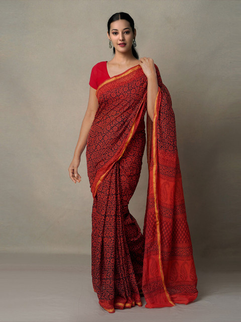 

Unnati Silks Black & Red Bagh Zari Chanderi Saree