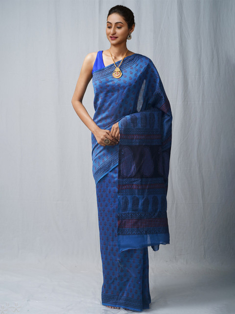 

Unnati Silks Blue & Black Women Bagh Pure Silk Chanderi Saree