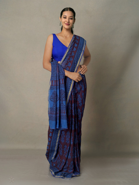 

Unnati Silks Maroon & Blue Bagh Chanderi Saree