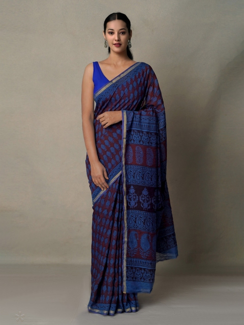 

Unnati Silks Maroon & Blue Bagh Zari Chanderi Saree