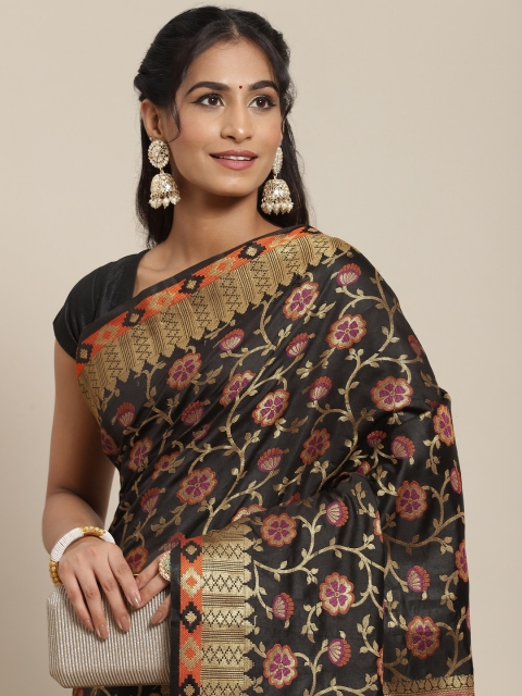 

Ishin Black & Pink Floral Woven Zari Banarasi Saree