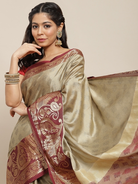 

Ishin Beige & Maroon Ethnic Motifs Zari Cotton Blend Banarasi Saree