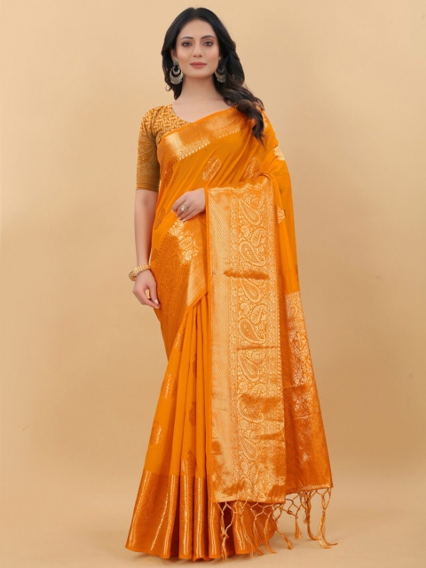 

PRASTHAN Gold-Toned Woven Design Silk Cotton Banarasi Saree