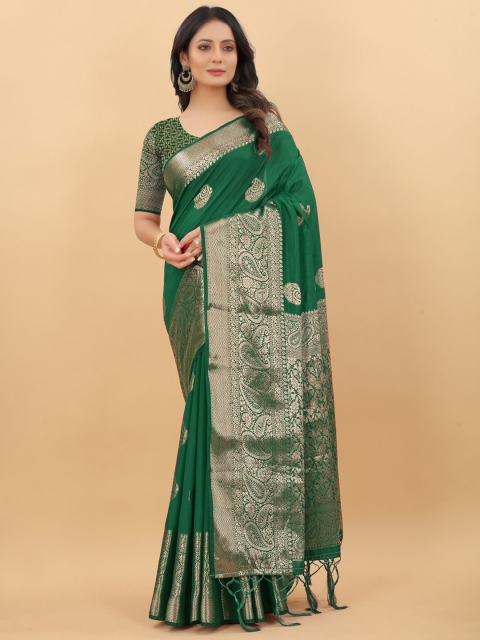

PRASTHAN Green & Gold-Toned Woven Design Zari Silk Cotton Banarasi Saree