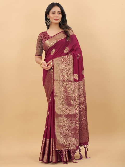 

PRASTHAN Maroon Woven Design Zari Silk Cotton Banarasi Saree With Brocade Blouse