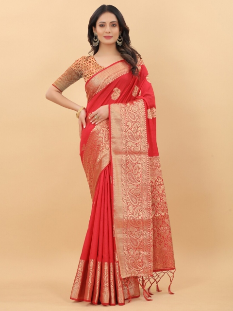 

PRASTHAN Red & Gold-Toned Woven Design Silk Cotton Banarasi Saree