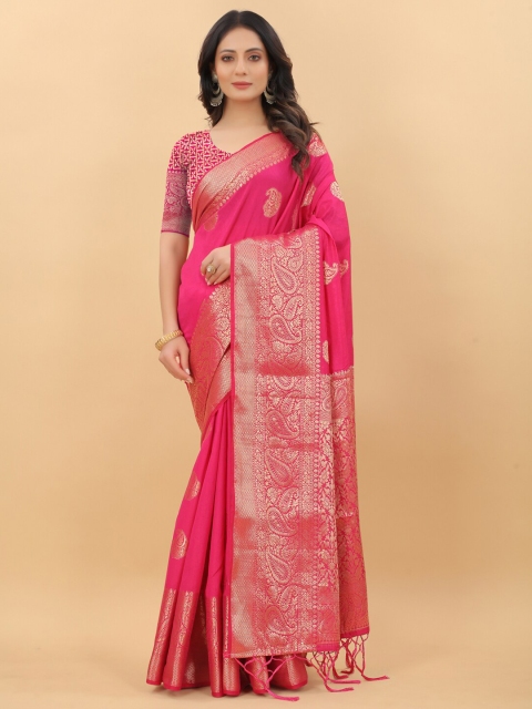 

PRASTHAN Pink & Gold-Toned Woven Design Silk Cotton Banarasi Saree