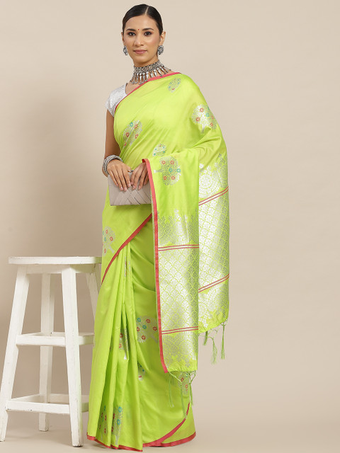 

Ishin Lime Green & Silveren Floral Brocade Baluchari Saree