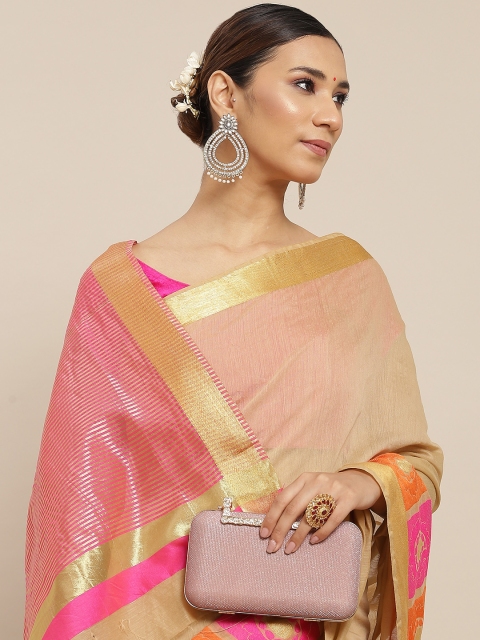 

Ishin Beige & Pink Zari Chanderi Saree