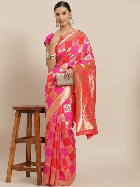

Ishin Red & Pink Ethnic Motifs Zari Art Silk Saree