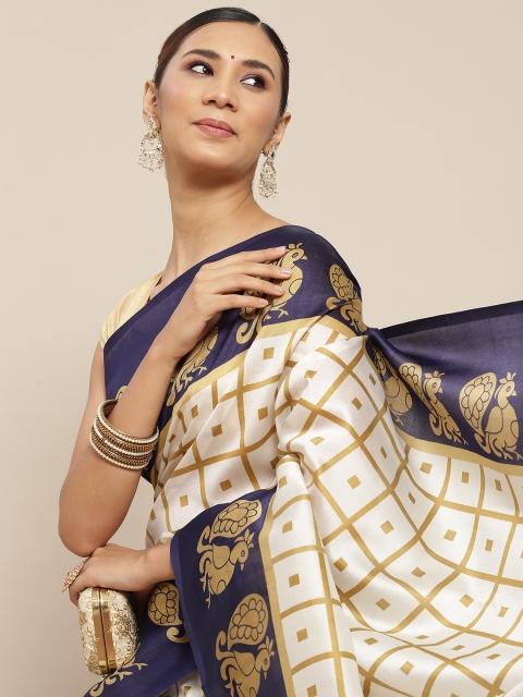 

Ishin Off White & Navy Blue Checked Zari Art Silk Mysore Silk Saree