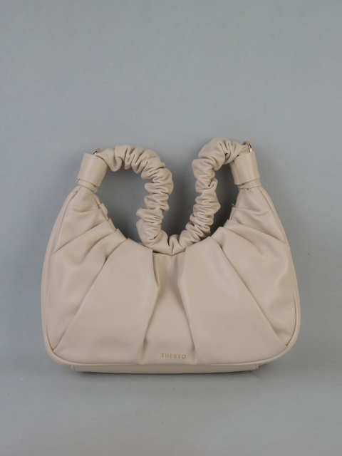 

THESTO White PU Structured Hobo Bag with Applique