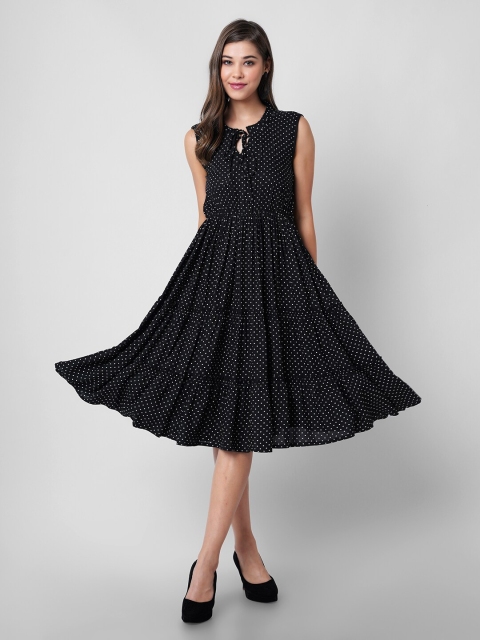 

DRESSAR Black Polka Dot Printed Tie-Up Neck Dress