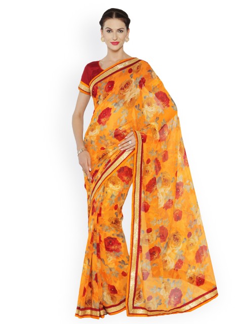 

Indian Women Orange Printed Pure Georgette Saree