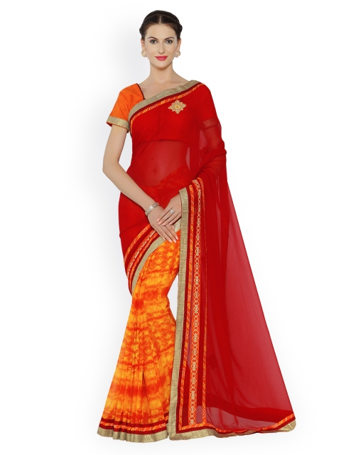 

Indian Women Red & Orange Pure Georgette Printed Saree