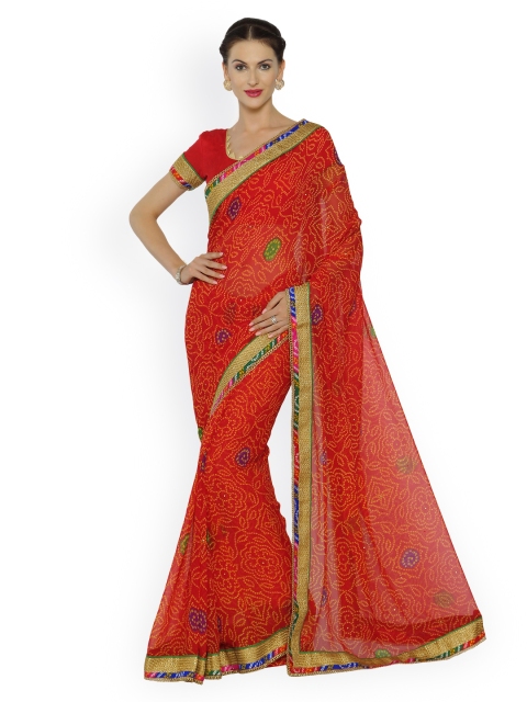 

Indian Women Red Pure Georgette Printed Bandhani Saree