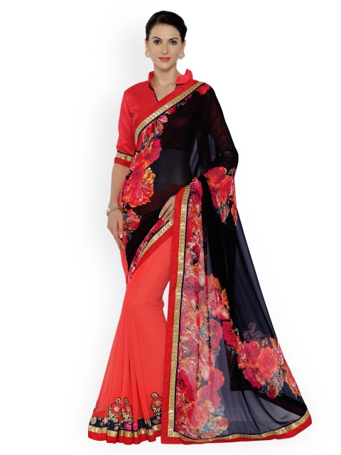 

Indian Women Navy & Red Pure Georgette Printed Saree, Navy blue