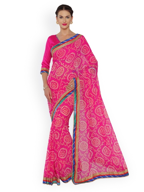 

Indian Women Pink Pure Georgette Printed Bandhani Saree