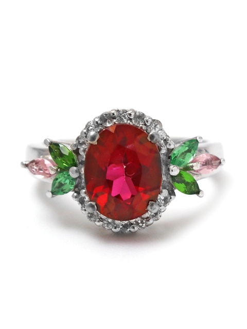 

HIFLYER JEWELS Rhodium-Plated Red Topaz Studded Antique Finger Ring
