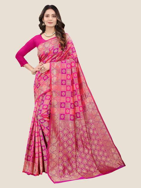 

Anjaneya Sarees Pink & Gold-Toned Woven Design Zari Silk Blend Saree