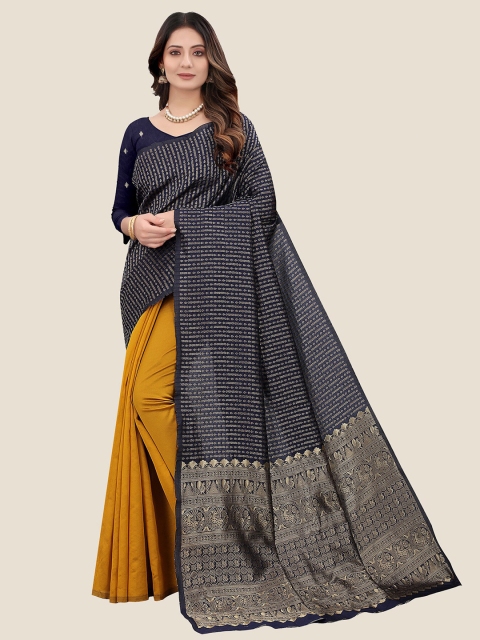 

Anjaneya Sarees Black & Gold-Toned Woven Design Silk Blend Half and Half Saree