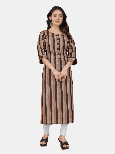 

APPLIX STYLE Women Brown Striped Flared Sleeves Thread Work Anarkali Kurta