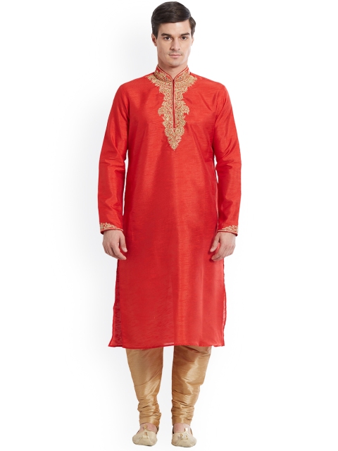 

Indian Poshakh Men Red Yoke Design Kurta with Pyjamas