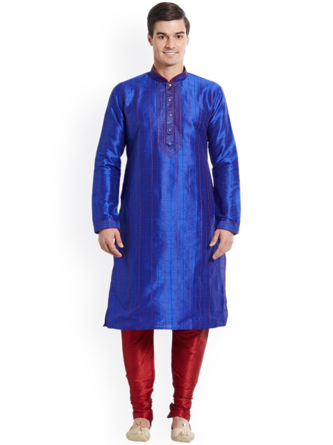 

Indian Poshakh Men Blue Striped Kurta with Pyjamas